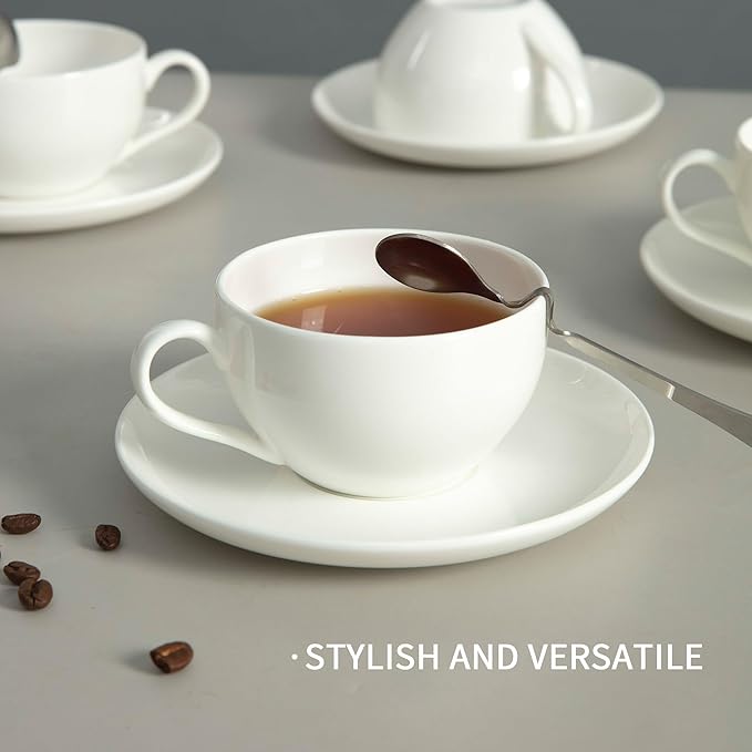 Bone China Tea Cups and Saucers Set (6 oz, Set of 4) – White Luxury Fine Porcelain Mugs for Tea, Coffee, Latte Art, Barista Use, Elegant Gifting