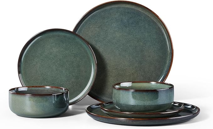 Herogo 6 Pieces Stoneware Dinnerware Set Service for 2, Dinner Plates and Bowls Sets, Double Reactive Glaze Dishes Set for Kitchen, Scratch Resistant, Microwave & Dishwasher Safe, Moss Green