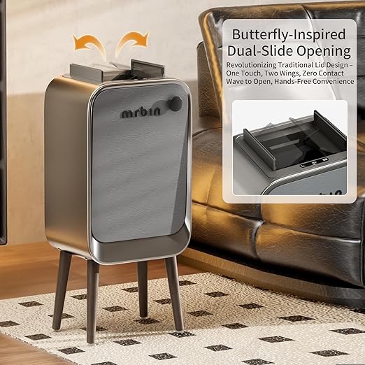 MRBIN Motion Sensor Trash Can Bathroom with Butterfly Lid and Leg, 5.5 Gal / 20 L Tall Automatic Touchless Electric Smart Waste Basket, Toilet Covered Garbage Dustbin for Bedroom, Eclipse Grey