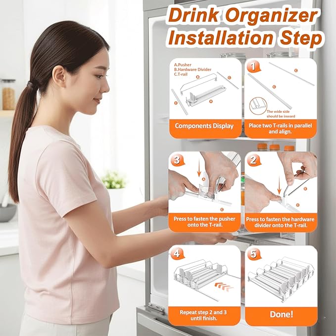 Drink Organizer For Fridge Large Capacity 5 Row Soda Can Organizer, Automatic Pusher Glide with Removable Dividers For Drink Organizer, Can Holders For Fridge, Space-Saving Can Dispenser For Kitchen