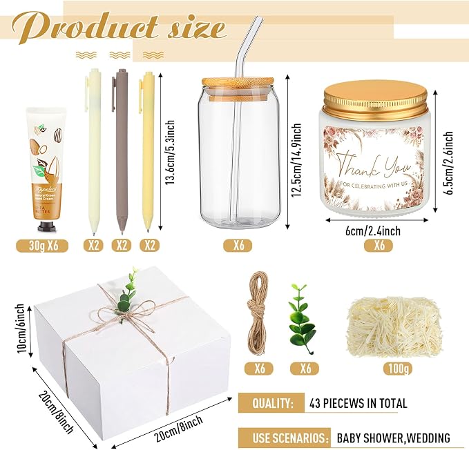 Reallnaive 6 Sets Baby Shower Prizes for Game Winners, Baby Shower Favors Glass Cup Scented Candles Hand Cream Pens Gift Box with Raffia for Gender Reveal Wedding Bridal Party Prizes (Beige Brown)