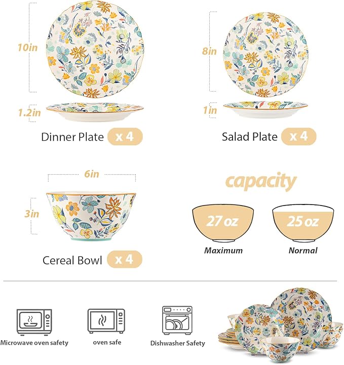 12-Piece Floral Pattern Ceramic Dinnerware Set (Service for 4) - High-Temp Fired, Microwave & Dishwasher Safe, Scratch-Resistant Kitchen Dining Plates Bowls Set