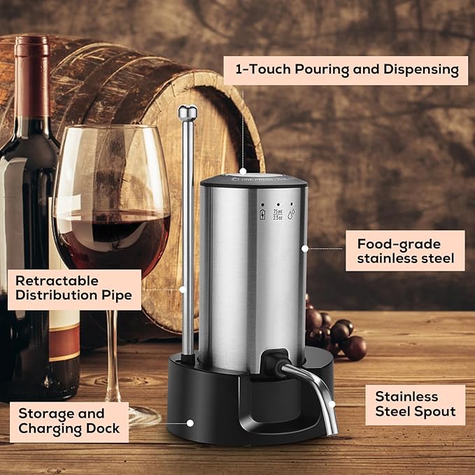 BLUBYEES Electric Wine Aerator 3-in-1 Automatic Wine Decanter & Dispenser, USB Rechargeable Wine Pourer with Precise Pour Control, Wine Lover Gifts for Women & Men