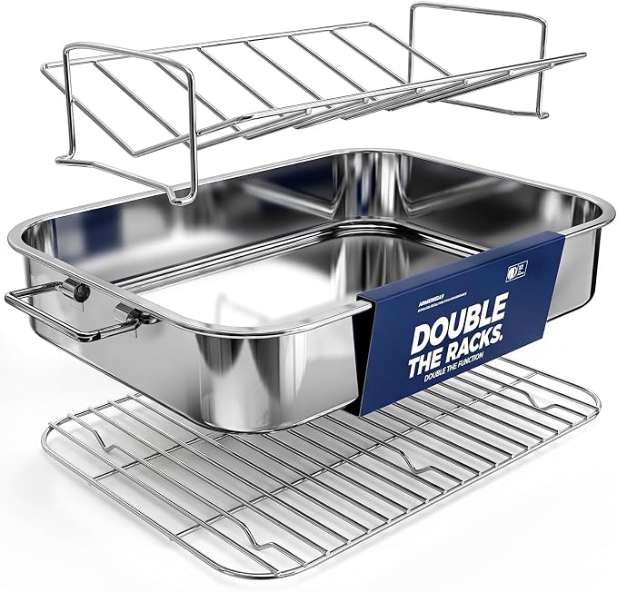 Stainless Steel Roasting Pan with Rack, Heavy-Duty Turkey Roasting Pan for Oven, Includes Two Bakinng Rack Insert, Perfect for Holiday Turkey & Everyday Meal Prep, Fits Up to 12 lbs Turkey