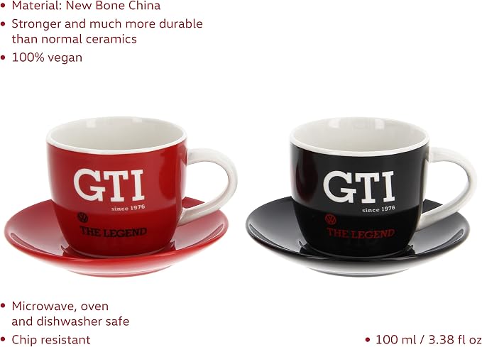 BRISA VW Collection - Volkswagen Espresso Cups Coffee-Tea-Cappuccino Set in GTI Design (The Legend/Red & Black/2-Piece Set/100ml/3.4 fl oz)