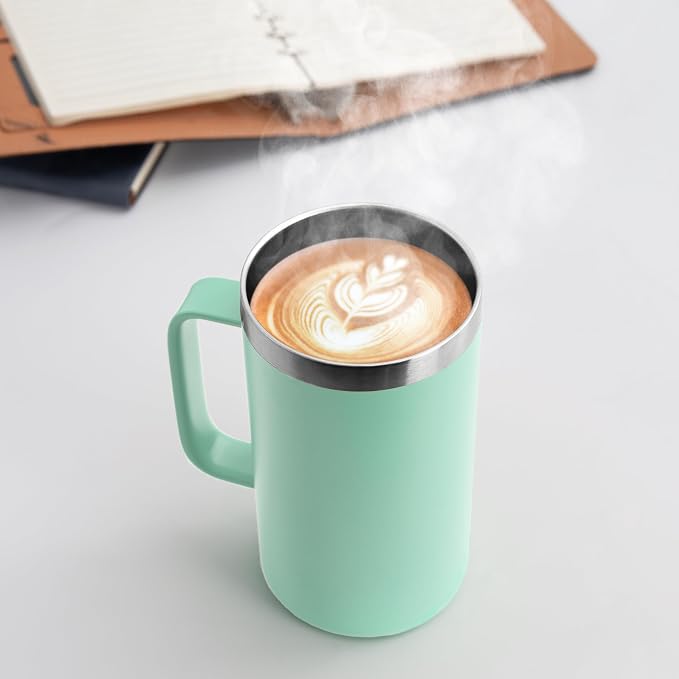 DOMICARE 24oz Mug with Handle and Lid, Stainless Steel Coffee Mug, Reusable Insulated Cup, Travel Mug with Handle, Double Wall Vacuum Coffee Tumbler for Men and Women, Mint Green, Pack 1