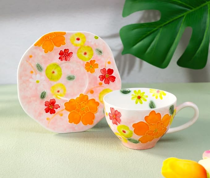 Noviko Flower Coffee Mug with Saucer Set Ceramic Tea Cup Flower Mugs for Women 8 oz