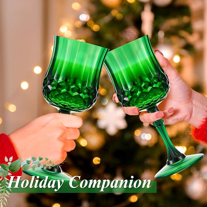 Pinkunn 12 Pcs 7 oz Plastic Vintage Wine Glasses Reusable Colored Goblets Patterned Drinking Water Glasses Cup Dishwasher Safe for Mother's Day Wedding Reception Party Supplies (Green)
