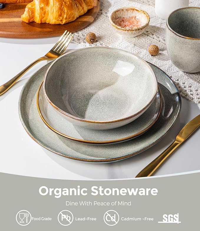 GBHOME Stoneware Dinnerware Sets for 6, 18 Pieces Rustic Earthenware Plates and Bowls Set, Handmade Reactive Glaze Ceramic Plate Sets, Chip Resistant Dishes, Microwave & Dishwasher Safe, Wheat Green