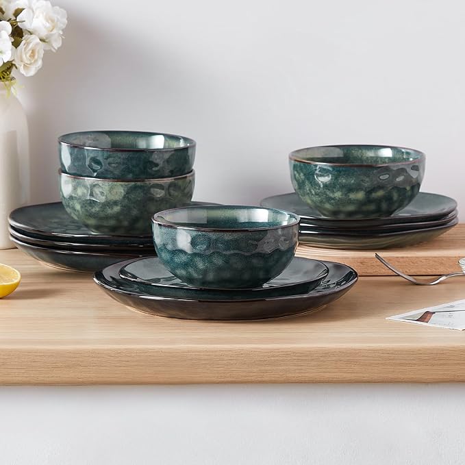 vancasso Starry Dinnerware Set for 4, Handmade Reactive Glaze Stoneware 12 Pieces Plates and Bowls Sets, Dishwasher and Microwave Safe Dish Set, Green