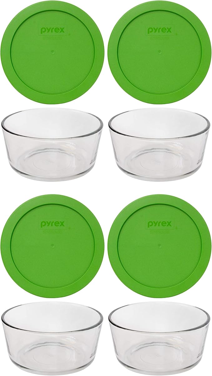 Pyrex 7201 4-Cup Glass Bowl and 7201-PC Lawn Green Lid (4-Pack) - Made in USA