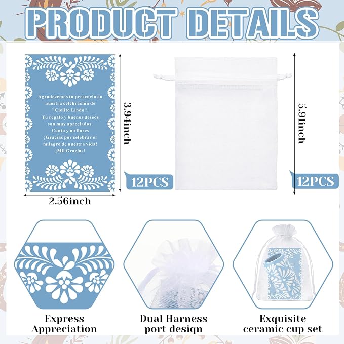 12 Set Cielito Lindo Party Favors Mexican Tequila Shot Glasses Mexican Pottery Gift Mugs for Tequila Lover Favors Birthday Party Supplies (Blue, Handleless)