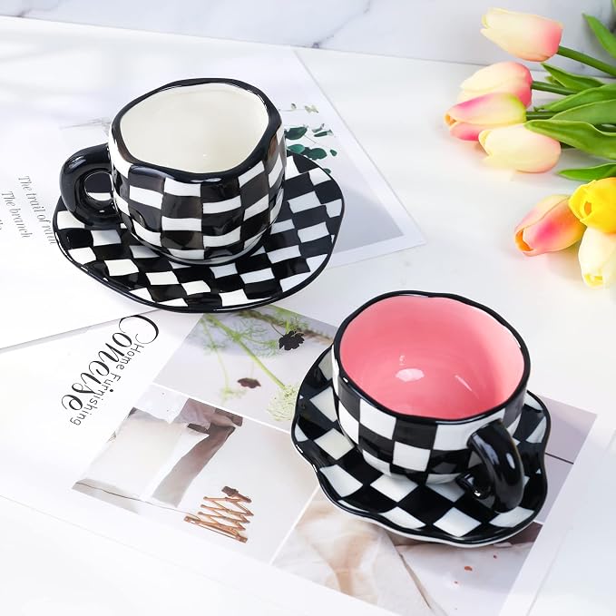 Noviko Checkered Mug Ceramic Checker Tea Cup and Saucer Set 10 oz