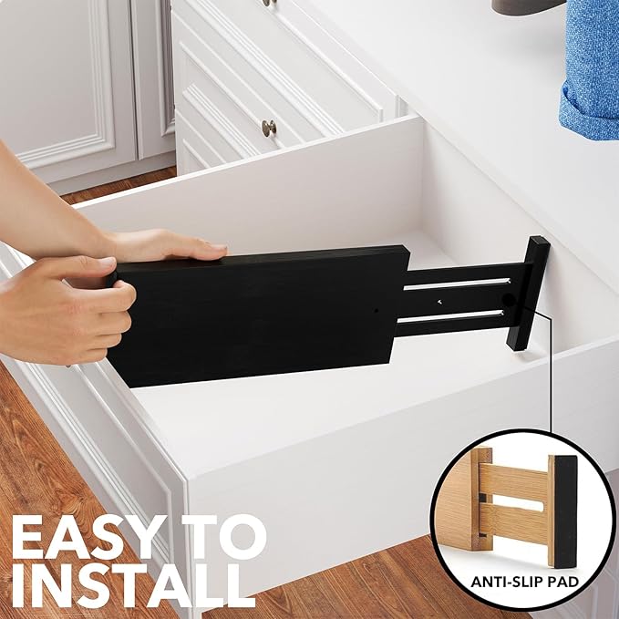 SpaceAid Bamboo 4 Pack Dresser Drawer Dividers, 4.65“ High Adjustable 12.5“-17” Drawer Organizers, Expandable Organization for Clothing, Clothes, Dressers, Black