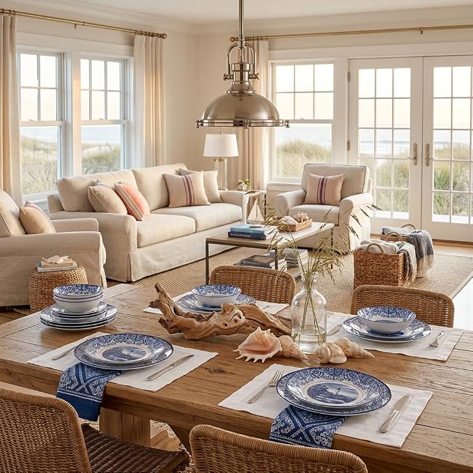 Tudor Royal 12-Piece Round Porcelain Dinnerware Set, Service for 4 - Light House Dark Blue Design, Plates Bowls Dishes, Premium Quality Tableware, Unique Pattern, Glossy