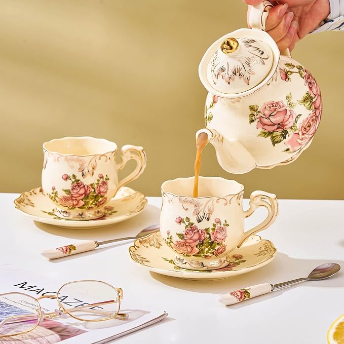 Tea Cups and Saucers Set of 4, 8 Oz Ivory Rose Floral Porcelain Teacup and Saucer Set with Gold Trim, Vintage Tea Cups with Spoon, European Style (Pink Rose)