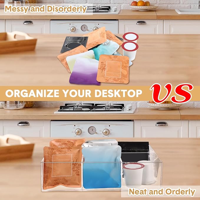 Maitys 4 Pcs Acrylic Tea Bag Organizer Divided Storage with 6 Compartments Clear Acrylic Stash Box Condiment Holder Pantry Organizer for Snacks Coffee Sugar Tea Bar Accessories