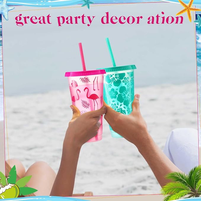 Cholemy 24 Pcs 24 oz Hawaiian Plastic Cups Bulk Luau Tumblers with Straw and Lid 12 Design Reusable Summer Travel Cups for Hawaiia Party Favors Luau Party Supplies