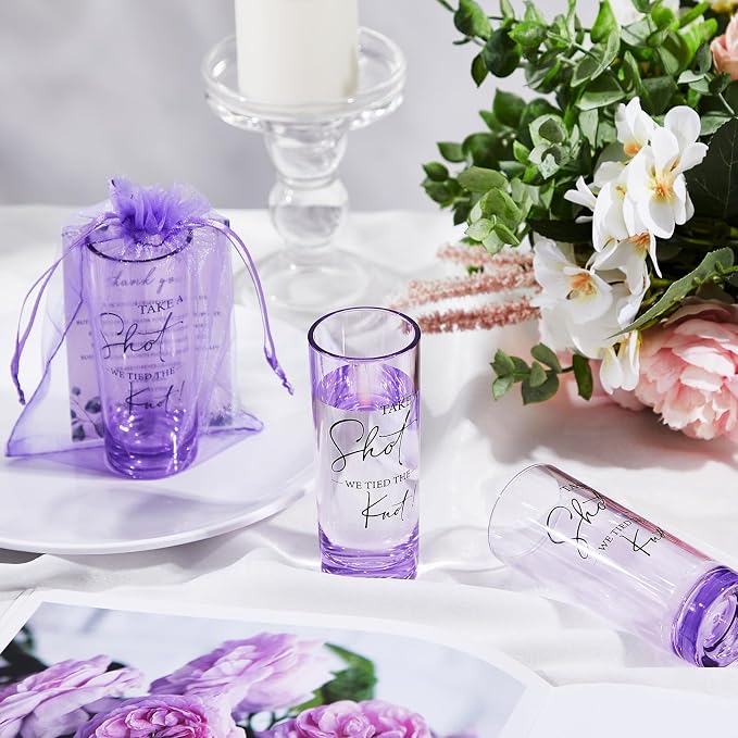 Sliner 100 Set Wedding Favors for Guests Bulk 2oz Acrylic Take a Shot We Tied the Knot Shot Glasses with Thank You Cards Organza Bags for Guest Souvenir Wedding Bridal Shower Gifts (Purple,Black)
