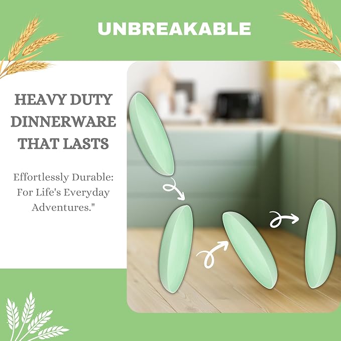 ECOSTAR Wheat Straw Dinnerware Sets Unbreakable Plates Bowls and Cups Reusable Utensils Dishwasher Microwave Safe Bowls and Plates Sets (Green)
