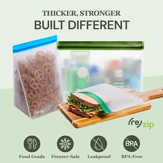 (re) zip 5-Piece Flat Lunch Reusable Food Storage Bags, BPA-Free, Leakproof, Freezer Safe, Dishwasher Safe, Travel Friendly, (3) Sandwich (3.5-Cup/28-Ounce), (2) Snack 1-Cup/8-Ounce Bags, (Clear)
