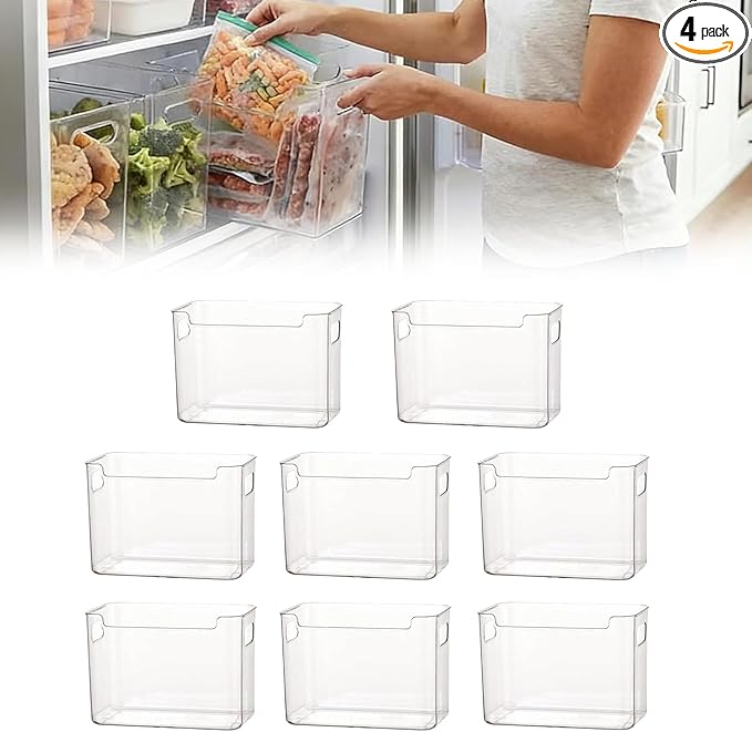 Crystal Clear Freezer Storage Bins, Clear Plastic Organizer Bins with Handles, Stackable Freezer Refrigerator and Pantry Storage Containers for Frozen Food, Meat, Vegetables, Meals and Snacks (8 pack)