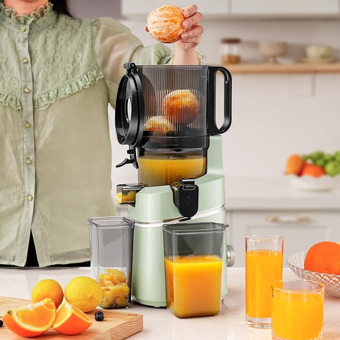 AMZCHEF Cold Press Juicer Machine, 5.8" Wide Chute for Whole Fruits & Vegetables, Self-Feeding Slow Masticating Juicer, 3-in-1 for Juice, Nut Milk & Sorbet, Triple Filtration, Easy Clean