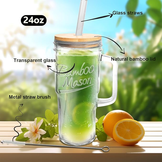 ANOTION Glass Cups with Lids and Straws - 24 oz Tumbler with Handle Christmas Coffee Cups Glass Straws Mason Jar Cups Drinking Set Kitchen Essentials Coffee Bar House Warming Gifts New Home