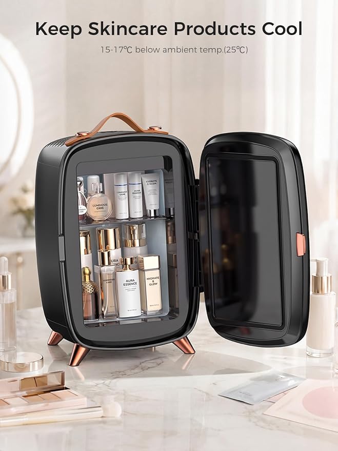 COWSAR Mini Fridge for Bedroom with Dimmable LED Light Mirror, 6 Liter/8 Can Skincare Fridge with Top Leather Handle, Portable Small Refrigerator Cooler for Cosmetic, Beverage and Food, Dorm, Office