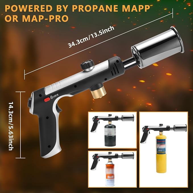 Powerful Propane Torch with One-Touch Max Fire, Adjustable Kitchen Torch with Safety Lock, Flamethrower, Blow Torch Gun for Grill, BBQ, Sous Vide, Campfire Starter (Tank Not Included)