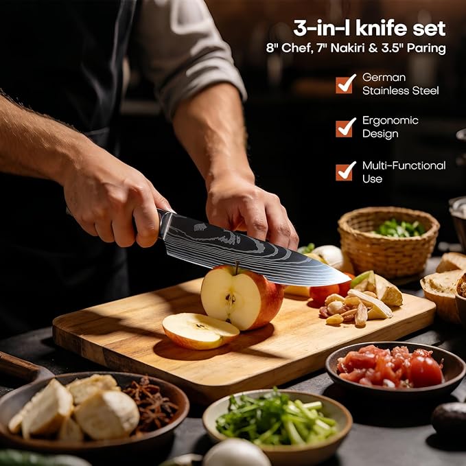 10-Piece Premium Japanese Kitchen Knife Set - Star Collection, Laser Damascus Pattern, 440A Stainless Steel Ultra Sharp for Fast Cutting (Redwood 10J)