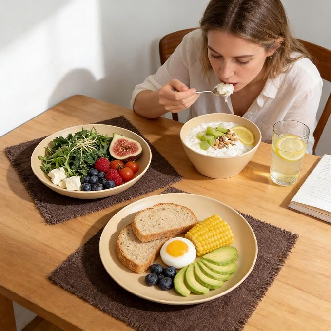 Unbreakable Dinnerware Set for 6 Butter Yellow 18 Piece Melamine Wheat Straw BPA Free Lightweight Dishwasher Safe Shatter Resistant for Kitchen Farmhouse Daily Breakfast
