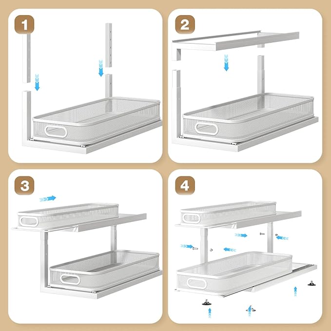 2-Pack 21.3 IN Depth Under Sink Organizer With Next-Gen Ball-Bearing Slides,Sophisticated Mesh 2-Tier Pull Out Shelf for Kitchen & Bathroom,Fits Small Items-White(Patented)