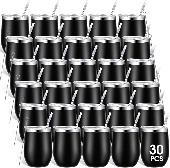 Inbagi 30 Pack 12 oz Stainless Steel Tumblers Bulk with Lids and Straws, Double Wall Insulated Wine Tumblers for Wedding Party Favors, Bridal Shower, Birthday Event Gifts (Black)