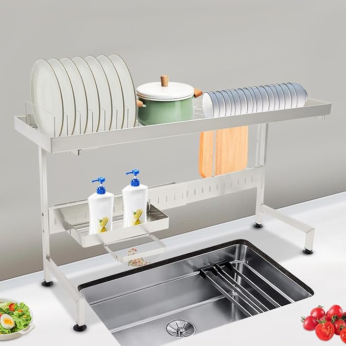 Adjustable Over The Sink Dish Drying Rack with Chopstick Holder and Cutting Board Rack - High Load Capacity 110lbs, Retractable Design 24.8-33.86 inches for Kitchen