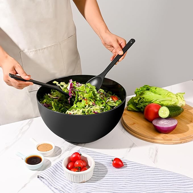 LOVYANXUE Salad Bowl with Lid, 12" Extra Large Bamboo Fiber Salad Bowl with Servers Set for Kitchen, Nature Bamboo Mixing and Serving Bowl with Lid, Spoon and Fork for Fruits,Salads and Vegetables