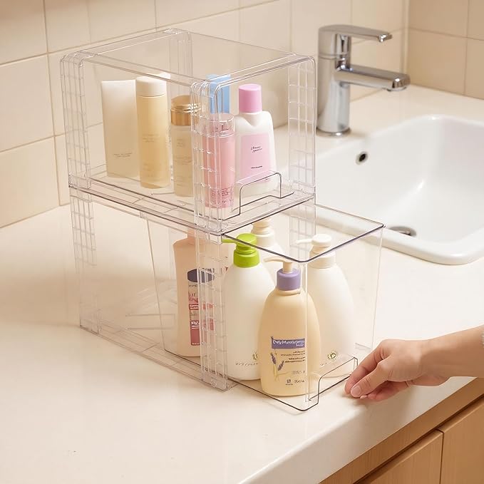 High Clear Stackable Storage Drawers(2 Pack), High-strength Plastic Organizer Bins with Handles for Skincare Bathroom Cabinet Vanity Undersink Kitchen Pantry BPA-Free Storage Containers