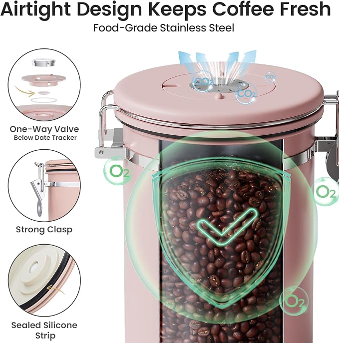 Veken Coffee Canister with Window, Airtight Stainless Steel Kitchen Food Storage Container with Lids, Date Tracker and Scoop for Ground, Beans, Tea, Flour, Cereal, Sugar Jars, 22OZ, Pink