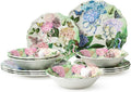 Garden Path Melamine 12-Piece Dinnerware Set - Hydrangea Design, Service for 4 with Dinner Plates, Salad Plates, and Bowls - Durable, Lightweight, and Dishwasher-Safe