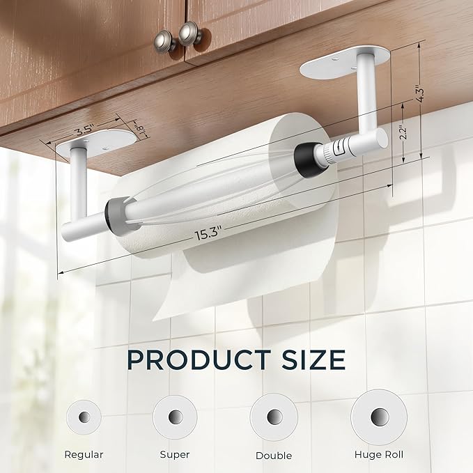 FORIOUS Paper Towel Holder Under Cabinet, One Hand Operable with Ratchet System for Easy Tear, No Drill Adhesive or Drill Wall Mount, 304 Stainless Steel for Kitchen Bathroom RV Garage, White