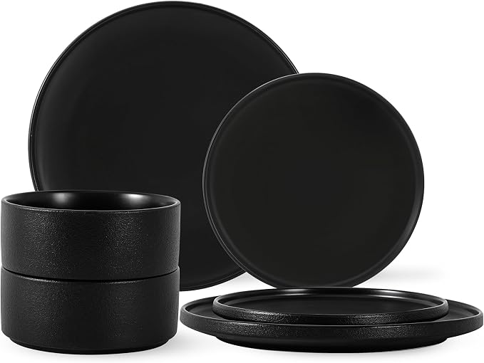 GZG Classic Series - Plates and Bowls Set for 2, 6 Piece Stoneware Dinnerware Sets, Microwave and Dishwasher Safe Lead-Free Handcrafted Ceramic Dishes Set - Frosted Matte Black