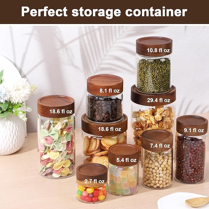 Glass Jars with Airtight Lid, 2 Pack 8oz 240ml Glass Storage Jars with Wood Lids, Screw Top Wide Mouth Kitchen Canister, Sugar and Coffee Containers for Tea, Spice, Candy, Oatmeal, Bean, Herb