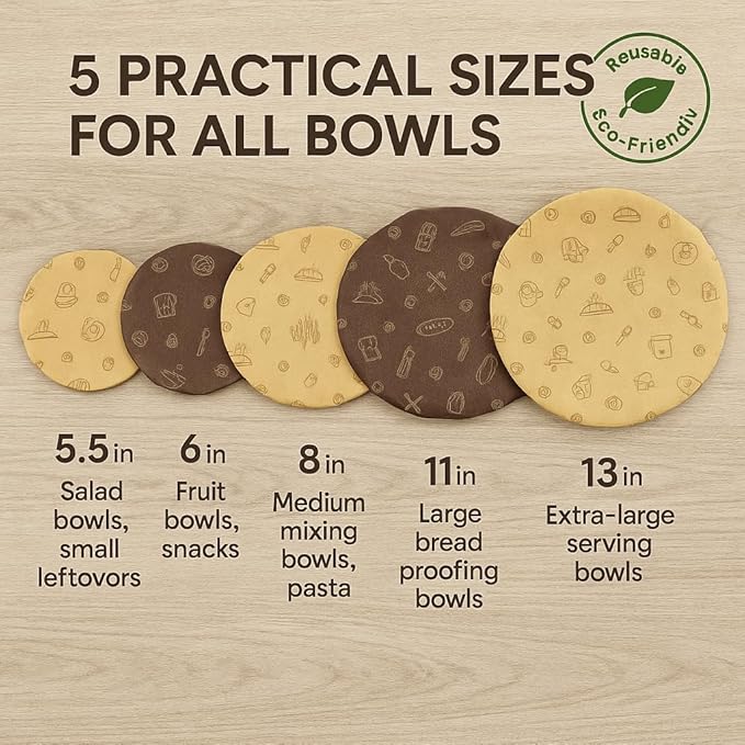 Beeswax Bowl Covers Set of 5 – Reusable Elastic Bowl Covers for Dough Proofing, Salad & Fruit Storage – Washable, Eco-Friendly Food Storage Alternative to Plastic Wrap