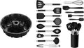 Onader 15 Pcs Silicone Cooking Utensils Set with Holder and Heat Resistant Stainless Steel Handle, with 10 Inch Non-Stick Fluted Tube Pan for Baking Pound Cake, Black