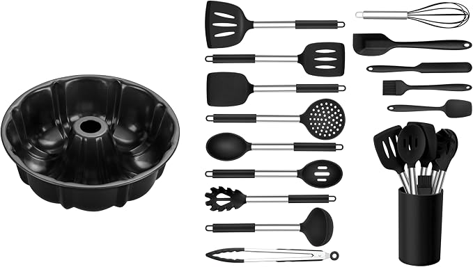 Onader 15 Pcs Silicone Cooking Utensils Set with Holder and Heat Resistant Stainless Steel Handle, with 10 Inch Non-Stick Fluted Tube Pan for Baking Pound Cake, Black
