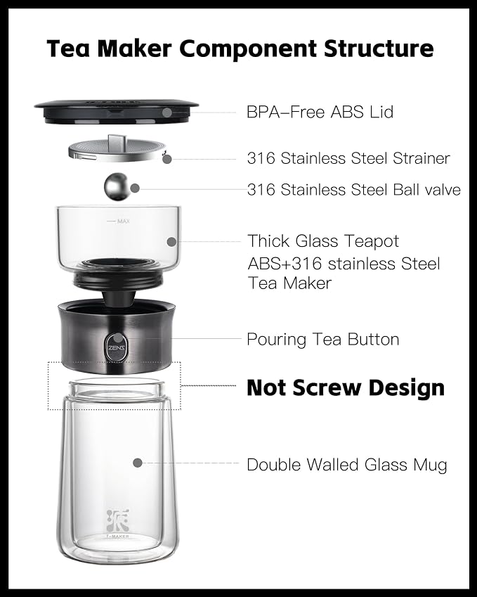 ZENS Modern Tea Infuser Teapot, One Touch Tea Maker for Loose Leaf Tea | Glass Magic Tea Pot, Mess free Tea Steeper with Insulated Mug, Portable Tea Infuser with Case for Tea Lovers