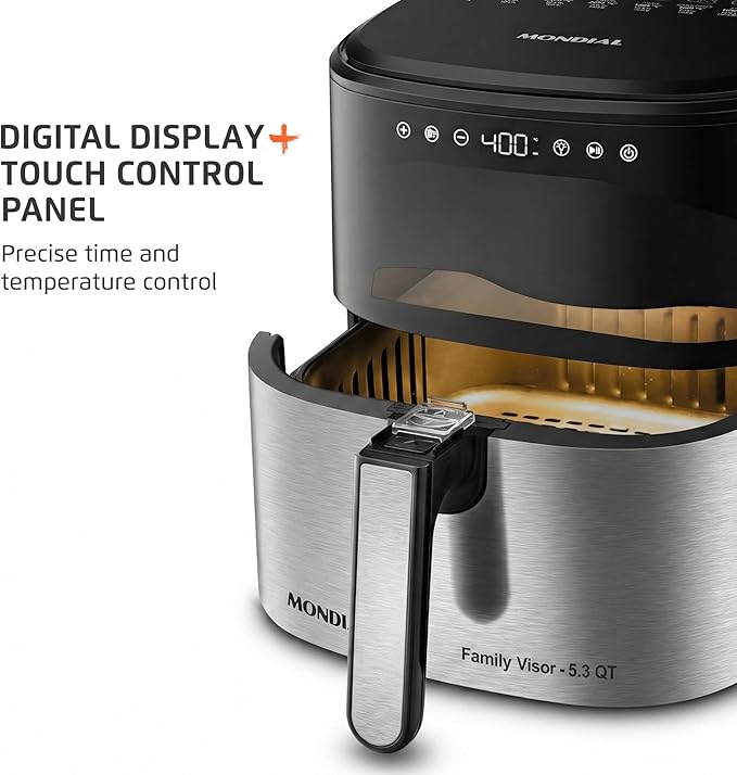 Mondial - Air Fryer Digital Visor Inox 5.3QT Capacity - High Power & Elegant Stainless Steel Finish - Black & Inox