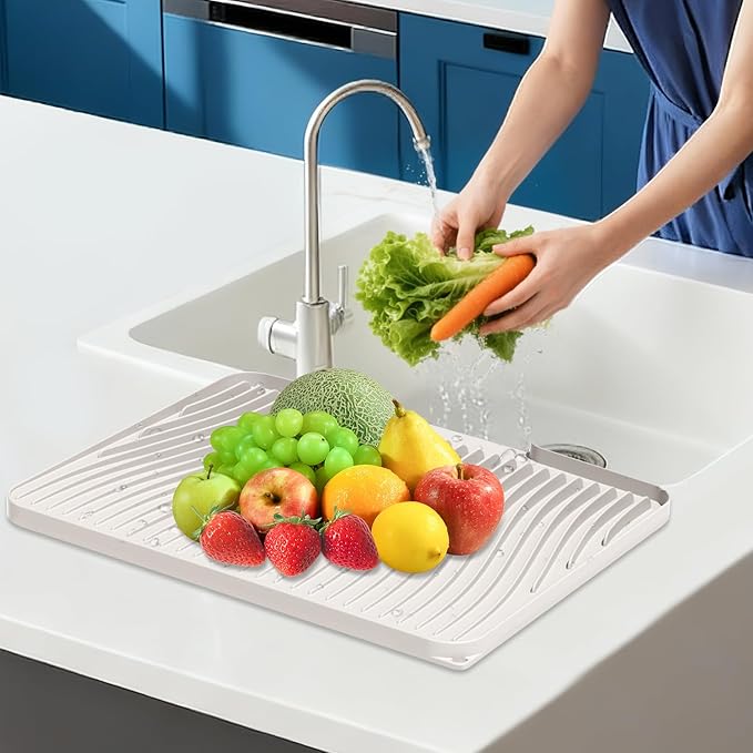 Silicone Dish Drying Mat for Kitchen Counter, Dish Drying Pad, Non-Slip Drain Pad with Built-in Drain, Heat Resistant Stone Drying Mat