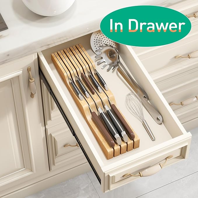 Knife Drawer Organizer, Bamboo Wood In-Drawer Knife Block, Knife Organizer Holds Up To 9 Knives