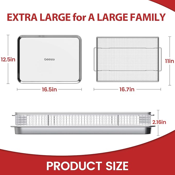 Geesta 304 Stainless Steel Air Fryer Basket for Oven with 50 Recipes, 16.5” x 12.5” Extra Large Air Fryer Tray and Pan, Air Fryer Rack, Crisper Basket &Tray, Air Fryer Oven Accessories